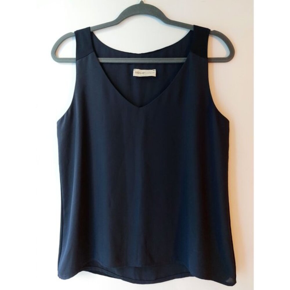 Dark Navy Blue Silk Top – Montreal Designer, Sleeveless V-Neck Blouse